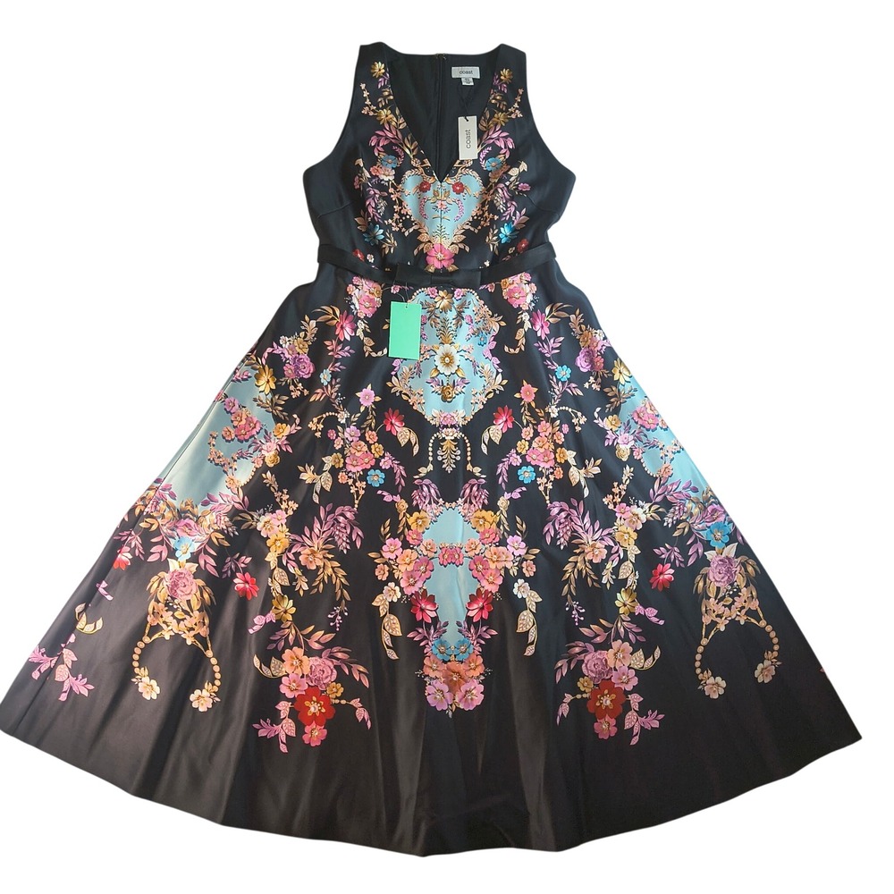 Coast V Neck Placement Print Full Skirted Midi Dress US 10 Floral Satin NWT